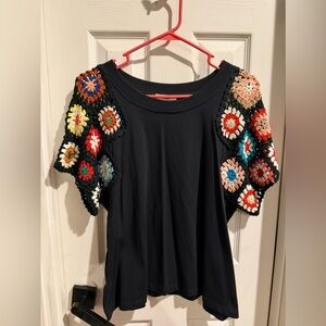 entro Black Tee with Multicolor Crochet Patch Short Sleeves